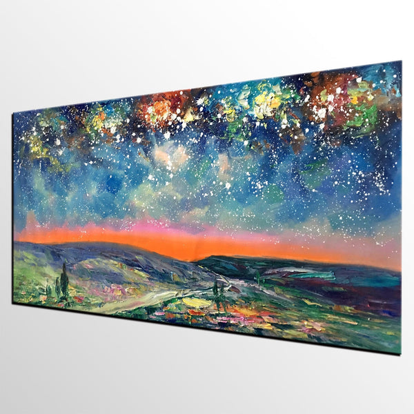 Starry Night Sky Painting, Custom Extra Large Painting, Original Landscape Painting, Canvas Painting for Dining Room-LargePaintingArt.com