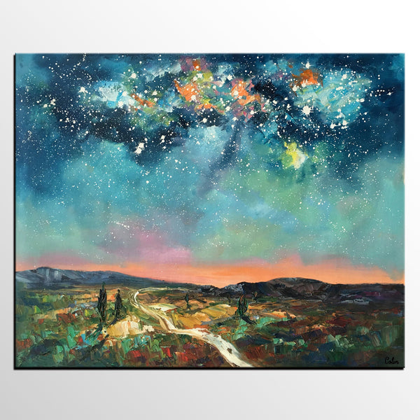 Heavy Texture Landscape Painting, Abstract Landscape Painting, Starry Night Sky, Custom Large Painting-LargePaintingArt.com