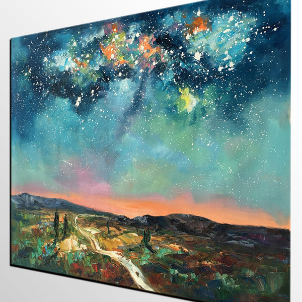 Heavy Texture Landscape Painting, Abstract Landscape Painting, Starry Night Sky, Custom Large Painting-LargePaintingArt.com