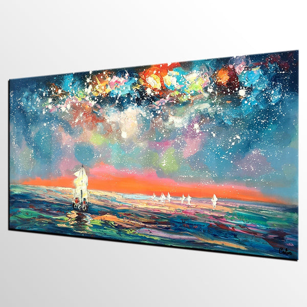 Landscape Painting for Sale, Starry Night Sky Painting, Impasto Artwork, Canvas Painting for Bedroom, Custom Original Landscape Painting-LargePaintingArt.com