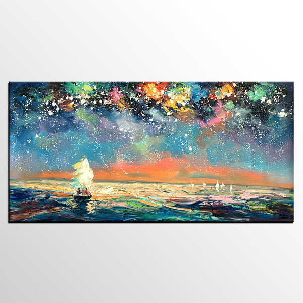 Palette Knife Painting, Impasto Painting, Starry Night Sky Painting, Landscape Canvas Painting for Dining Room, Custom Large Original Painting-LargePaintingArt.com