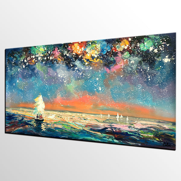 Palette Knife Painting, Impasto Painting, Starry Night Sky Painting, Landscape Canvas Painting for Dining Room, Custom Large Original Painting-LargePaintingArt.com