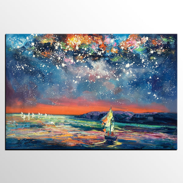 Custom Large Oil Painting, Large Canvas Art Painting, Sail Boat under Starry Night Painting-LargePaintingArt.com