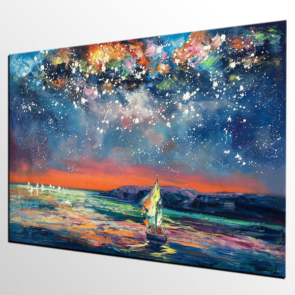 Custom Large Oil Painting, Large Canvas Art Painting, Sail Boat under Starry Night Painting-LargePaintingArt.com