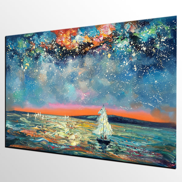 Large Canvas Art Painting, Custom Large Oil Painting, Sail Boat under Starry Night Painting-LargePaintingArt.com