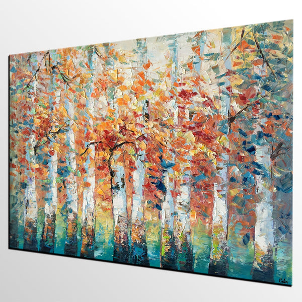 Birch Tree Landscape Painting, Custom Canvas Painting for Living Room, Heavy Texture Canvas Painting-LargePaintingArt.com
