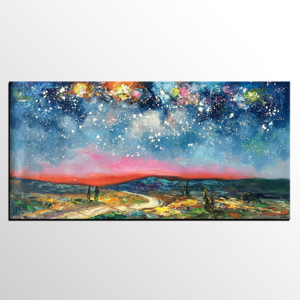 Custom Extra Large Painting, Starry Night Sky Painting, Original Landscape Painting, Canvas Painting for Dining Room-LargePaintingArt.com