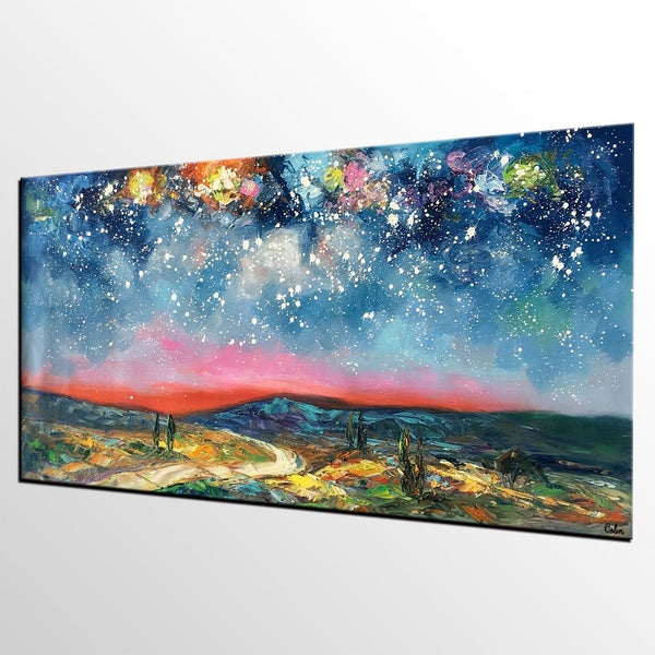 Custom Extra Large Painting, Starry Night Sky Painting, Original Landscape Painting, Canvas Painting for Dining Room-LargePaintingArt.com