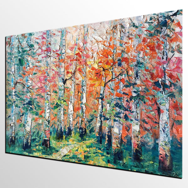 Abstract Landscape Painting, Custom Canvas Painting for Living Room, Heavy Texture Canvas Painting, Autumn Birch Tree-LargePaintingArt.com