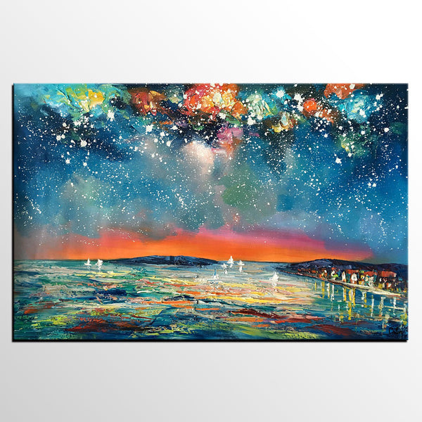 Buy Art Online, Abstract Art for Sale, Sail Boat under Starry Night Sky Painting, Custom Art-LargePaintingArt.com