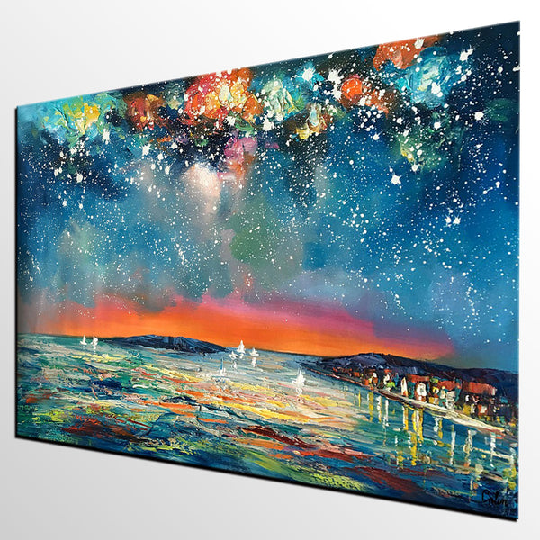 Buy Art Online, Abstract Art for Sale, Sail Boat under Starry Night Sky Painting, Custom Art-LargePaintingArt.com