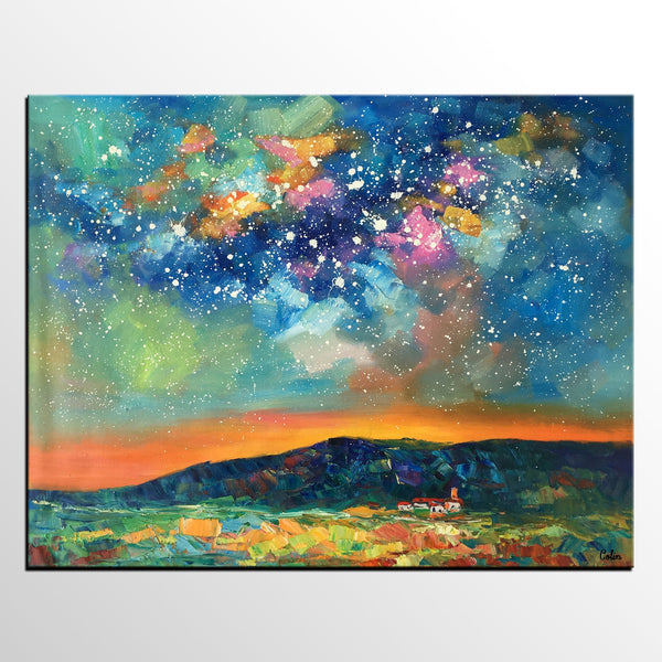 Heavy Texture Abstract Painting, Starry Night Sky, Landscape Painting, Custom Large Art-LargePaintingArt.com