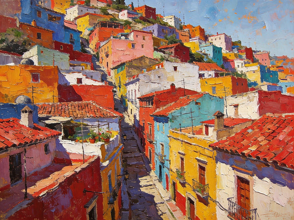 Colorful Terraces of Guanajuato, Hand Painted Canvas Art, Small Oil Paintings, Small Wall Art Paintings, Landscape Canvas Paintings, Original Canvas Paintings-LargePaintingArt.com