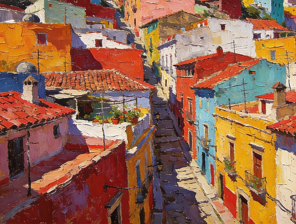 Colorful Terraces of Guanajuato, Hand Painted Canvas Art, Small Oil Paintings, Small Wall Art Paintings, Landscape Canvas Paintings, Original Canvas Paintings-LargePaintingArt.com