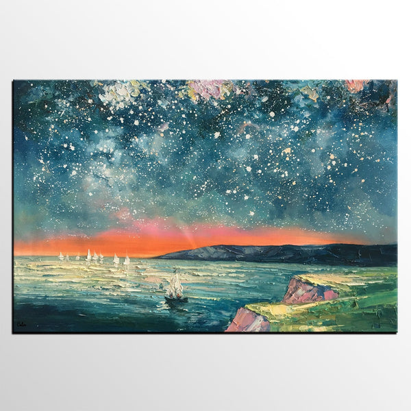 Heavy Texture Painting, Landscape Oil Painting, Starry Night Sky Painting, Custom Large Canvas Painting-LargePaintingArt.com