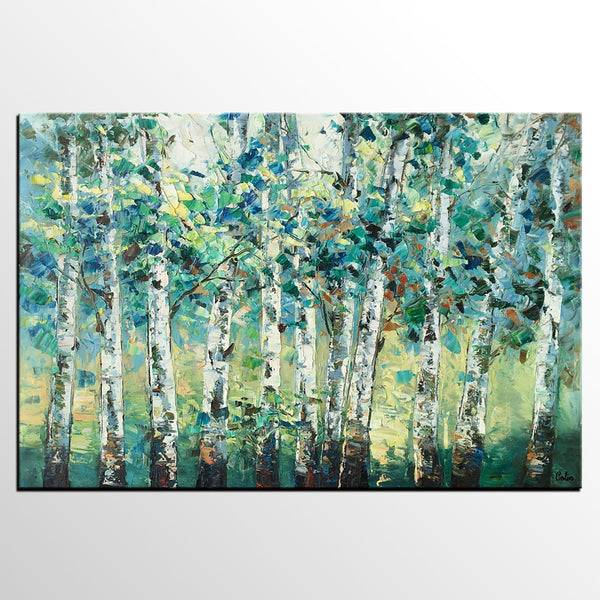 Heavy Texture Canvas Painting, Abstract Landscape Painting, Custom Canvas Painting, Autumn Birch Tree-LargePaintingArt.com