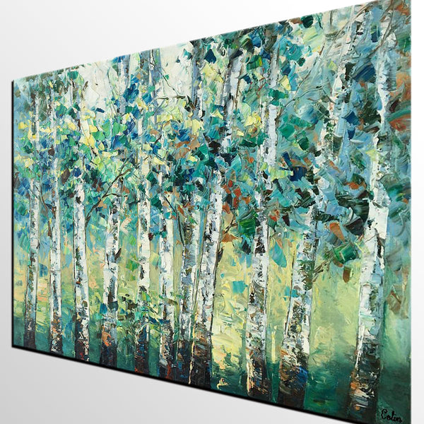 Heavy Texture Canvas Painting, Abstract Landscape Painting, Custom Canvas Painting, Autumn Birch Tree-LargePaintingArt.com