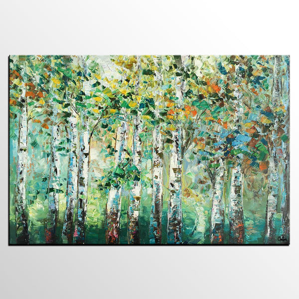 Heavy Texture Canvas Painting, Abstract Landscape Painting, Custom Canvas Painting, Autumn Birch Tree-LargePaintingArt.com