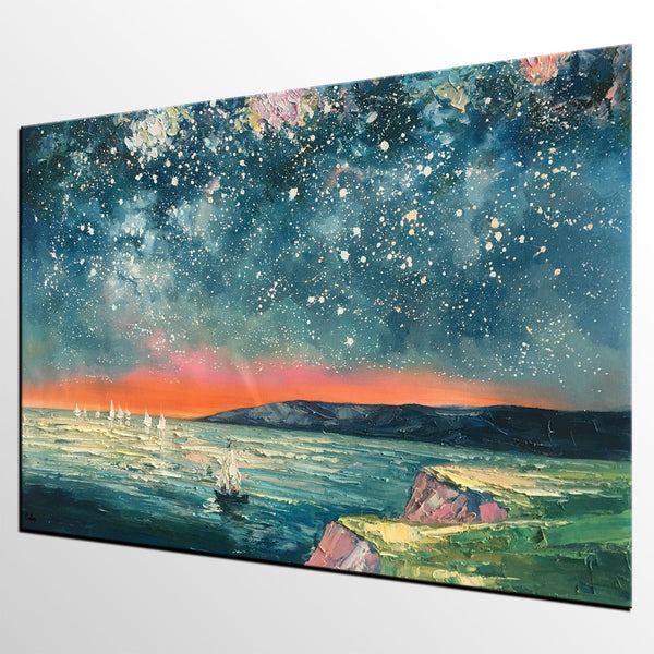 Heavy Texture Painting, Landscape Oil Painting, Starry Night Sky Painting, Custom Large Canvas Painting-LargePaintingArt.com