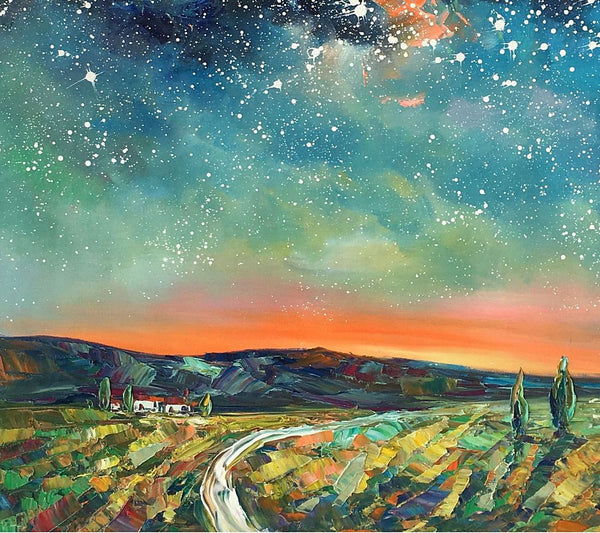 Abstract Landscape Oil Painting, Starry Night Sky Painting, Custom Large Canvas Painting, Heavy Texture Painting-LargePaintingArt.com