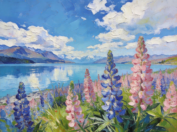 Stunning New Zealand Lake Landscape, Lupins in Bloom, Landscape Paintings on Canvas, Original Oil Paintings, Palette Knife Oil Paintings, Small Landscape Paintings, Hand Painted Canvas Artwork-LargePaintingArt.com