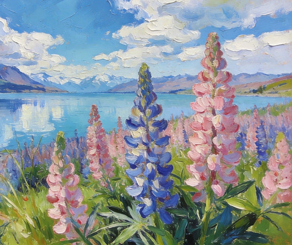 Stunning New Zealand Lake Landscape, Lupins in Bloom, Landscape Paintings on Canvas, Original Oil Paintings, Palette Knife Oil Paintings, Small Landscape Paintings, Hand Painted Canvas Artwork-LargePaintingArt.com