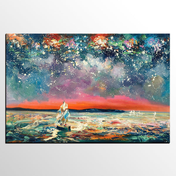 Landscape Canvas Painting, Sail Boat under Starry Night Sky, Canvas Painting for Sale, Custom Landscape Wall Art Paintings, Original Landscape Painting-LargePaintingArt.com