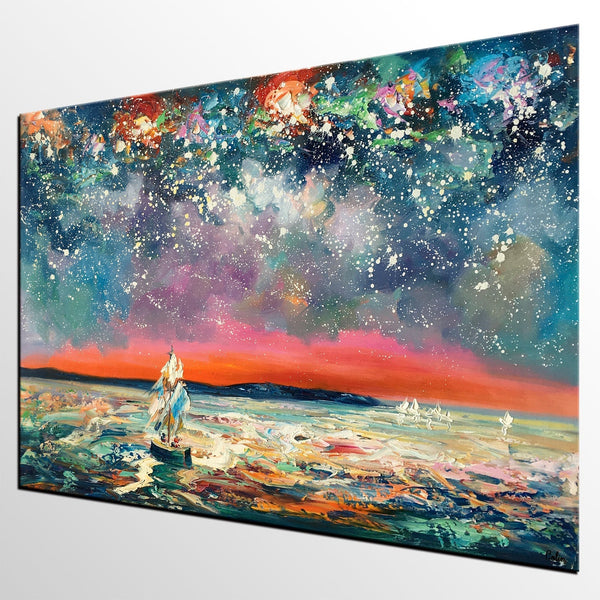 Landscape Canvas Painting, Sail Boat under Starry Night Sky, Canvas Painting for Sale, Custom Landscape Wall Art Paintings, Original Landscape Painting-LargePaintingArt.com
