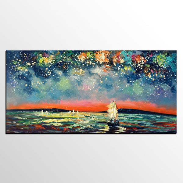 Sail Boat under Starry Night Sky Painting, Landscape Painting, Original Artwork, Custom Extra Large Canvas Painting
