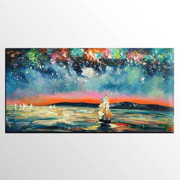 Landscape Wall Art Paintings, Starry Night Sky Painting, Original Canvas Painting, Custom Large Painting for Bedroom-LargePaintingArt.com