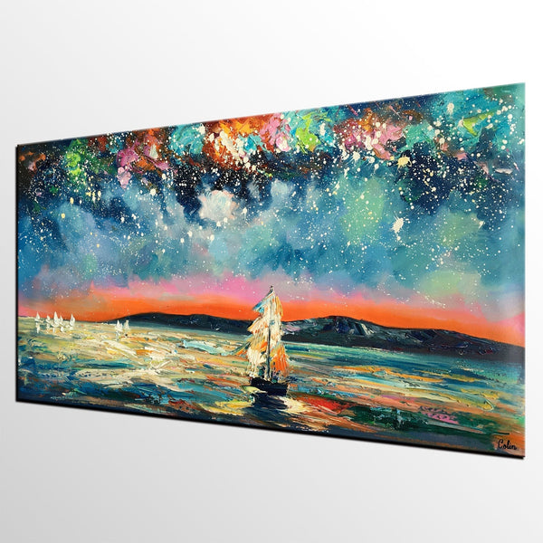 Landscape Wall Art Paintings, Starry Night Sky Painting, Original Canvas Painting, Custom Large Painting for Bedroom-LargePaintingArt.com