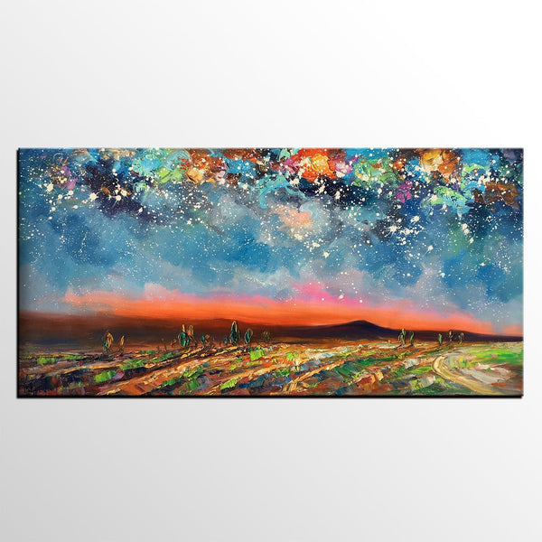 Starry Night Sky Painting, Custom Landscape Painting, Canvas Painting for Bedroom-LargePaintingArt.com