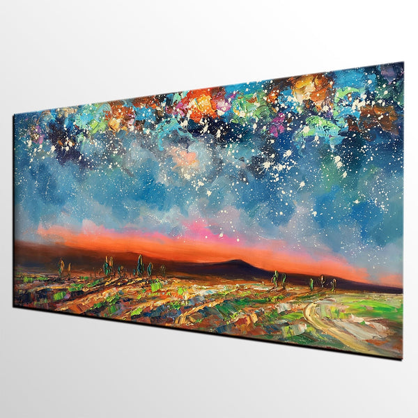 Starry Night Sky Painting, Custom Landscape Painting, Canvas Painting for Bedroom-LargePaintingArt.com