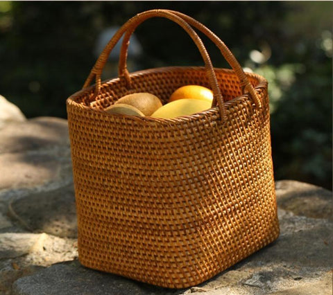 Woven Rattan Storage Basket with Handle, Storage Basket for Picnic, Fruit Storage Basket, Kitchen Storage Basekt-LargePaintingArt.com