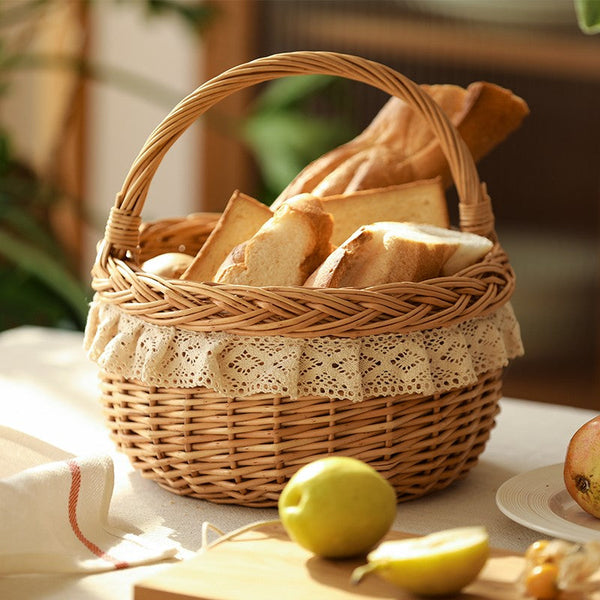 Storage Basket for Shelves, Picnic Storage Basket with Handle, Hand-woven Wicker Storage Basket, Natural Fruit Basket, Willow Weaving Baskets for Kitchen