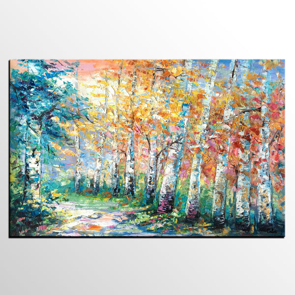 Landscape Painting, Canvas Painting, Birch Tree, Custom Large Abstract Art, Heavy Texture Art-LargePaintingArt.com