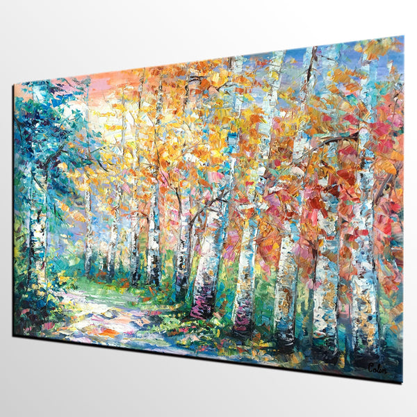 Landscape Painting, Canvas Painting, Birch Tree, Custom Large Abstract Art, Heavy Texture Art-LargePaintingArt.com