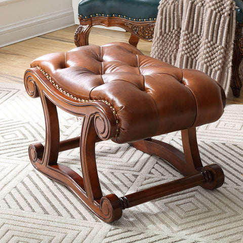 Cherry Wood Footstool, Vintage Leather Stool, Genuine Leather Solid Wood Entry Bench, Long Bench, Vanity Stool, Dressing Table Stool-LargePaintingArt.com