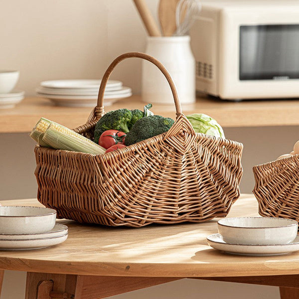 Large Picnic Food Basket with Handle, Natural Hand-woven Wicker Storage Basket, Lovely Willow Weaving Baskets for Vegetable, Natural Fruit Basket, Kitchen Storage Baskets-LargePaintingArt.com
