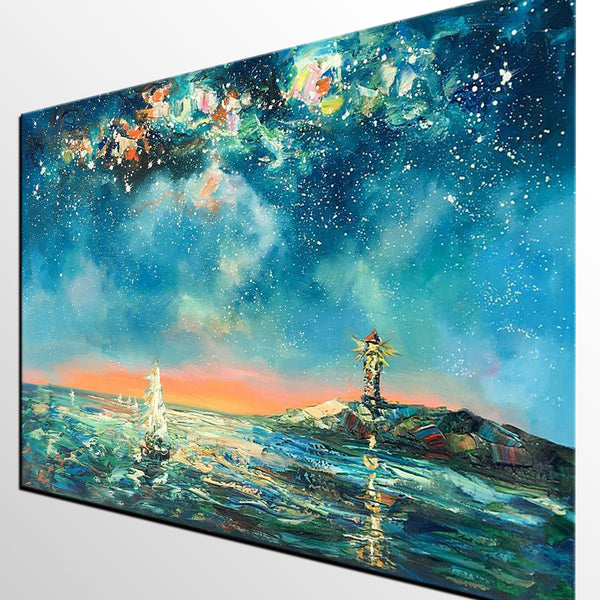 Canvas Painting, Abstract Art, Starry Night Light House Painting, Custom Landscape Wall Art, Original Painting-LargePaintingArt.com
