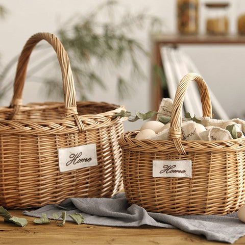 Hand-woven Wicker Storage Basket, Large Picnic Food Basket with Handle, Willow Weaving Baskets for Vegetable, Natural Fruit Basket, Kitchen Storage Baskets-LargePaintingArt.com