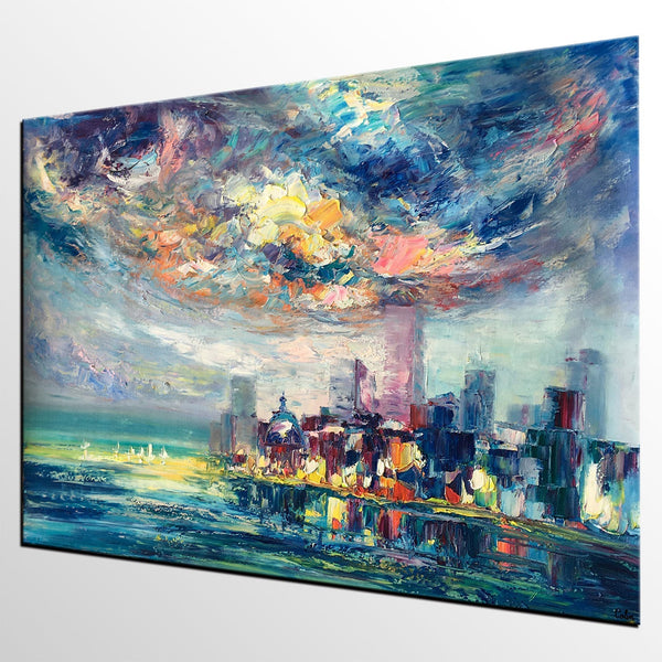 Cityscape Painting, Oil Painting on Canvas, Custom Landscape Canvas Painting, Heavy Texture Wall Art Paintings-LargePaintingArt.com