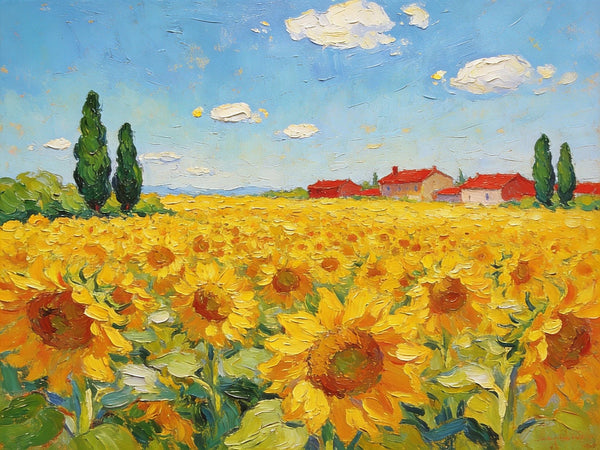Enchanting Provence Sunflower Fields, Original Canvas Paintings, Palette Knife Oil Paintings, Small Landscape Paintings, Landscape Paintings on Canvas, Hand Painted Canvas Art-LargePaintingArt.com
