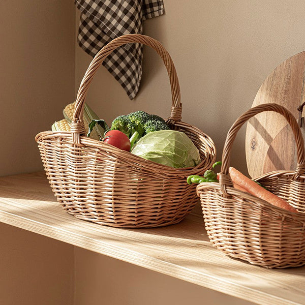Natural Hand-woven Wicker Storage Basket, Large Picnic Food Basket with Handle, Lovely Willow Weaving Baskets for Vegetable, Natural Fruit Basket, Kitchen Storage Baskets-LargePaintingArt.com