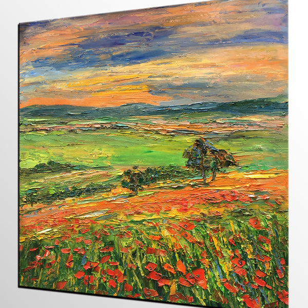 Landscape Painting on Canvas, Flower Field Painting, Heavy Texture Paintings, Custom Original Oil Painting, Living Room Wall Art Paintings-LargePaintingArt.com