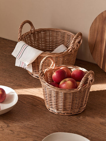 Large Picnic Fruit Basket with Handle, Natural Hand-woven Wicker Round Storage Basket, Lovely Willow Weaving Baskets for Vegetable, Natural Fruit Storage Basket, Kitchen Storage Baskets-LargePaintingArt.com