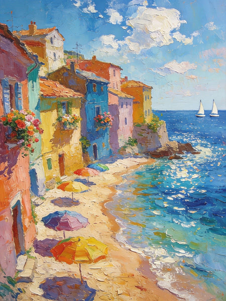 Coastal Township Landscape, Seashore Paintings, Original Wall Art Paintings, Small Oil Paintings, Hand Painted Canvas Wall Art, Heavy Texture Artwork, Canvas Paintings for Living Room-LargePaintingArt.com