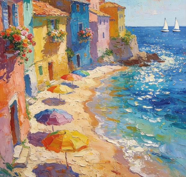 Coastal Township Landscape, Seashore Paintings, Original Wall Art Paintings, Small Oil Paintings, Hand Painted Canvas Wall Art, Heavy Texture Artwork, Canvas Paintings for Living Room-LargePaintingArt.com