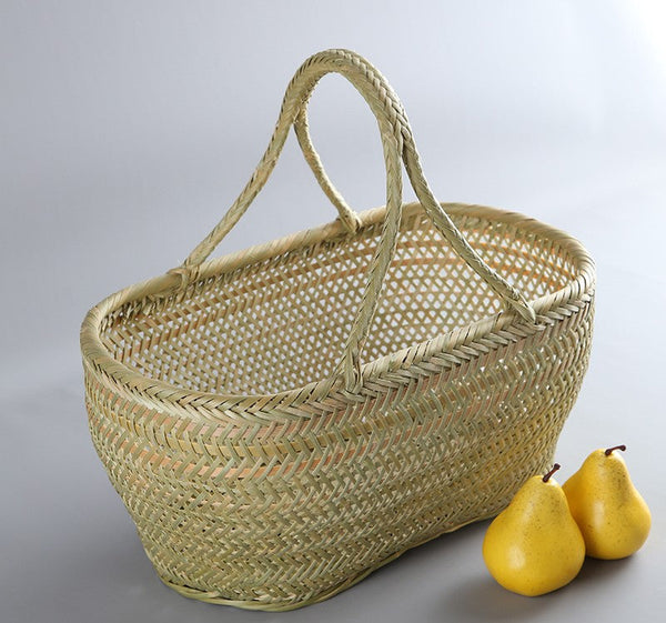 Natural Fruit Basket Kitchen Storage Baskets, Lovely Bamboo Baskets for Vegetable, Picnic Food Basket with Handle, Large Natural Hand-woven Bamboo Basket-LargePaintingArt.com