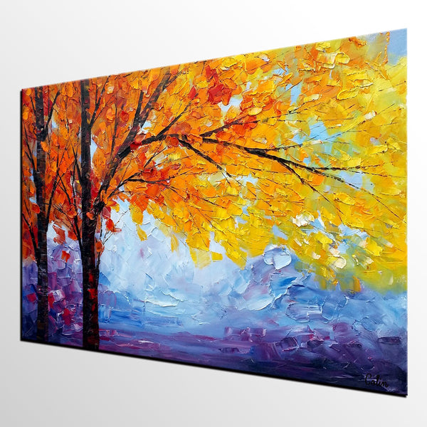 Autumn Tree Painting, Autumn Paintings, Original Landscape Oil Paintings, Custom Art, Canvas Painting for Living Room-LargePaintingArt.com